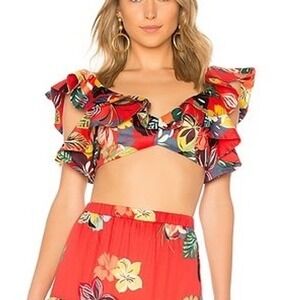 Alexis Calipso Red Tropical Floral Ruffle caimile Crop Top XS Luxury Resortwear